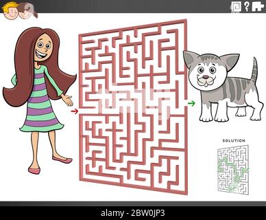 Illustrazione di Cartoon del gioco di Puzzle di labirinto educativo per i bambini con la ragazza teen e il personaggio di animale di Kitten Illustrazione Vettoriale