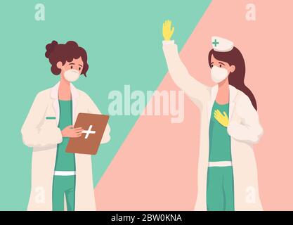 Operatori medici in maschere di protezione e controllo uniforme file medici e mani ondeggianti vettore cartoni animati. Medico o infermiere che lavora durante la pandemia globale del coronavirus. Illustrazione Vettoriale