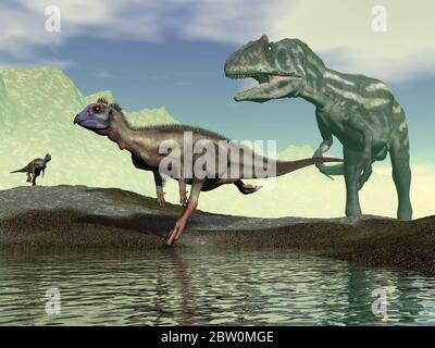 Dinosauri ipsilofodoni che fuggono da allosaurus - rendering 3D Foto Stock