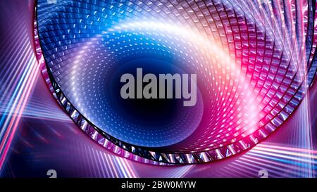 Tecnologia a spirale futuristica con luci retrò colorate, sfondo astratto generato dal computer, rendering 3D Foto Stock