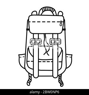 Zaino da viaggio per lo sport e il tempo libero. Linea di illustrazione vettoriale, contorno. Materiale da viaggio. Illustrazione Vettoriale