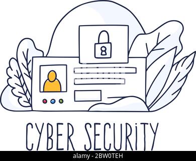 Concetto di sicurezza informatica. Protezione dei dati online concetto di sicurezza Internet con ID personale doodle spazio di copia orizzontale isolato. Illustrazione Vettoriale