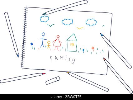 Disegno di bambino. Vettore disegno a mano illustrazione della famiglia di disegno di Child su un libro bianco in stile doodle. Illustrazione Vettoriale