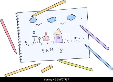 Disegno di bambino. Vettore disegno a mano illustrazione della famiglia di disegno di Child su un libro bianco in stile doodle. Illustrazione Vettoriale