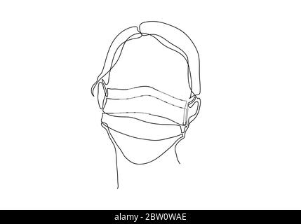 Una maschera facciale medica con disegno a linea continua. Concetto di virus corona. Foto Stock