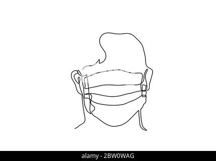 Una maschera facciale medica con disegno a linea continua. Concetto di virus corona. Foto Stock