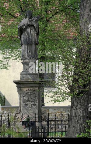 Kamień Śląski, Groß Stein, Polonia, una figura di pietra di San Giovanni di Nepomuk. Von Nehomuk, von Nehomuk. Jan Nepomucen, figura Foto Stock