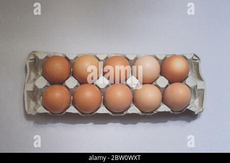 Molte uova fresche di pollo marrone si trovano nella scatola sullo sfondo grigio. Foto Stock