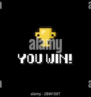 Pixel art 8-bit si vince testo con una grande coppa d'oro vincitore su sfondo nero - illustrazione vettoriale isolata Illustrazione Vettoriale