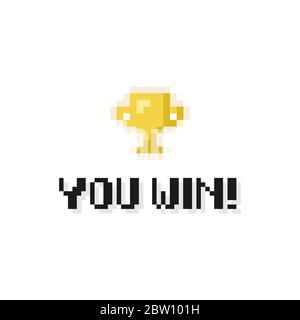 Pixel art 8-bit si vince testo con una grande coppa d'oro vincitore su sfondo bianco - illustrazione vettoriale isolata Illustrazione Vettoriale