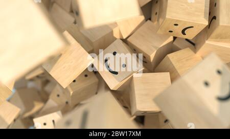 Emoji cubo di legno stack con sorridente sorriso faccia al centro. Illustrazione 3D Foto Stock