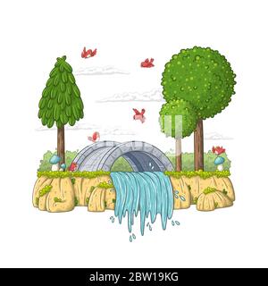 Paesaggio fantasy con ponte, fiume e uccelli. Illustrazione vettoriale con livelli separati. Illustrazione Vettoriale