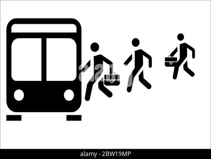 La gente salperà a bordo dei mezzi pubblici a una fermata dell'autobus. Illustrazione Vettoriale