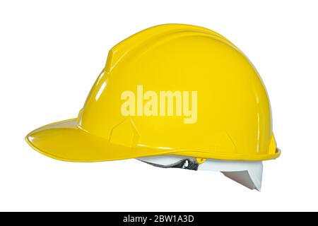 Giallo casco di sicurezza isolati su sfondo bianco. Foto Stock