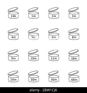 Simboli del periodo di scadenza. Icone PAO di cosmetici open life shelf. Cartello di imballaggio per l'etichetta del prodotto. Periodo di validità dopo l'apertura. Durata utile Illustrazione Vettoriale