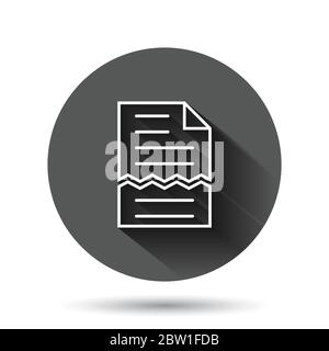 Icona di errore del documento nello stile piatto. Immagine vettoriale del referto interrotta su sfondo nero rotondo con effetto di ombra lungo. Attività di Circle Button danneggiata Illustrazione Vettoriale