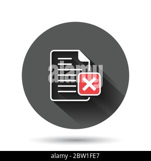 Icona di errore del documento nello stile piatto. Immagine vettoriale del referto interrotta su sfondo nero rotondo con effetto di ombra lungo. Attività di Circle Button danneggiata Illustrazione Vettoriale