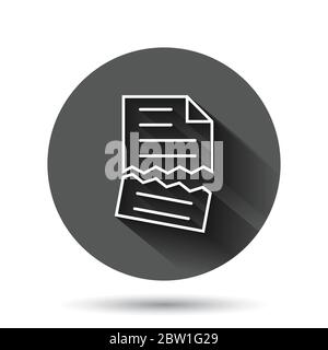 Icona di errore del documento nello stile piatto. Immagine vettoriale del referto interrotta su sfondo nero rotondo con effetto di ombra lungo. Attività di Circle Button danneggiata Illustrazione Vettoriale