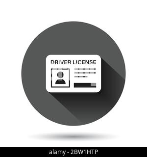Icona della patente di guida in stile piatto. Immagine vettoriale della scheda ID su sfondo nero rotondo con effetto di ombra lungo. Identità cerchio pulsante business conc Illustrazione Vettoriale