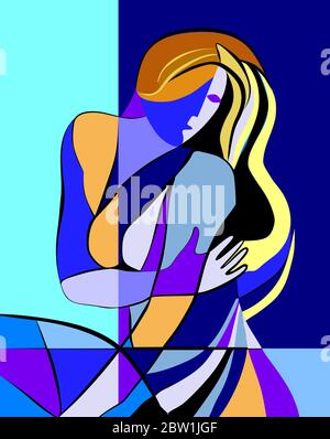 Sfondo astratto colorato, stile cubismo arte, donna in blu Illustrazione Vettoriale