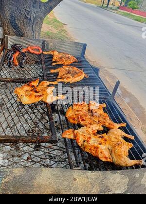 Pollo alla griglia in una varietà di misure con una stufa a carbone con calore basso, mercato di strada, ristoranti Street food in Argentina. Foto Stock