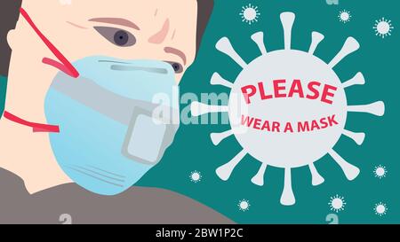 Cute uomo che indossa maschera protettiva. Indossare una maschera. Illustrazione Vettoriale