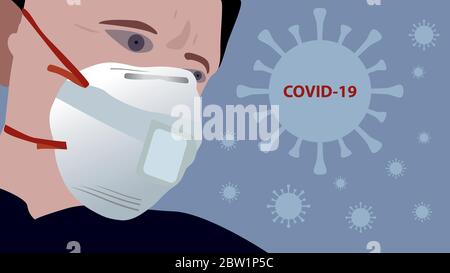 Cute uomo che indossa maschera protettiva. Concetto di quarantena del coronavirus. Illustrazione Vettoriale
