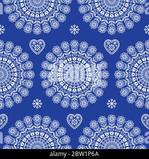 Senza cuciture scandinava vettore di arte popolare con fiori, ornamento floreale ripetitivo, nordico design in bianco su blu navy Illustrazione Vettoriale