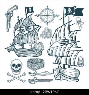 Spedire. Nave a vela pirata e attributi insieme di illustrazioni vettoriali. Disegno simbolico vintage pirata. Parte del set. Illustrazione Vettoriale