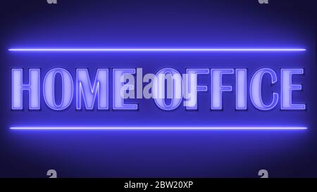 Scritta PER UFFICIO DOMESTICO in stile neon chiaro su sfondo blu - illustrazione 3D Foto Stock