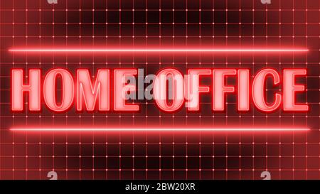 Scritta PER UFFICIO DOMESTICO in stile neon chiaro contro linee rosse della griglia con punti - illustrazione 3D Foto Stock