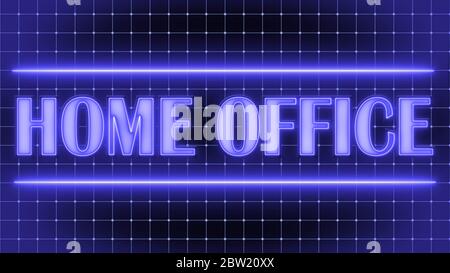 Scritta PER UFFICIO DOMESTICO in stile neon chiaro contro linee blu a griglia con punti - illustrazione 3D Foto Stock