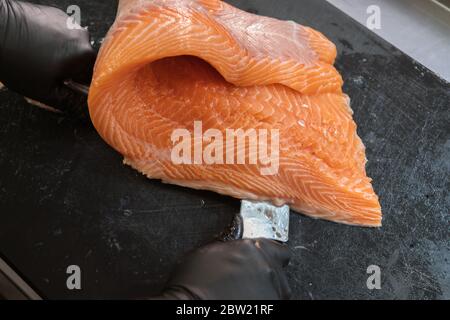 Master shusi con guanti neri igienici pulizia e preparazione di un enorme salmone fresco. Rimozione e peeling della pelle dal pesce. Cucina e cibo conc Foto Stock