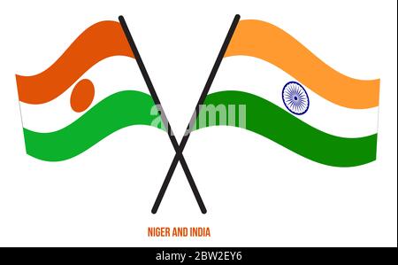 Niger e India Bandiere incrociate e ondeggianti stile piatto. Proporzione ufficiale. Colori corretti. Foto Stock