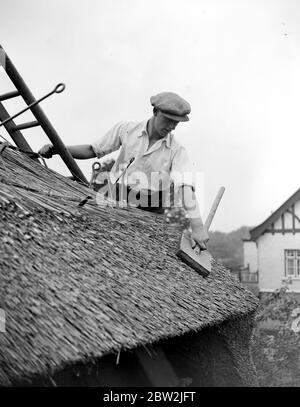 L'artigianato del thatching - al lavoro sul thatching il pittoresco Old Cottage all'angolo di Roehampton Lane, Barnes . 31 luglio 1928 Foto Stock