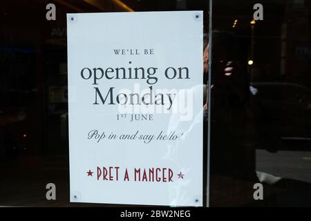 Wood Green, Londra, Regno Unito. 29 maggio 2020. Pandemia di coronavirus: Pret a Manger riaprirà dal 1 giugno. Credit: Matthew Chpicle/Alamy Live News Foto Stock