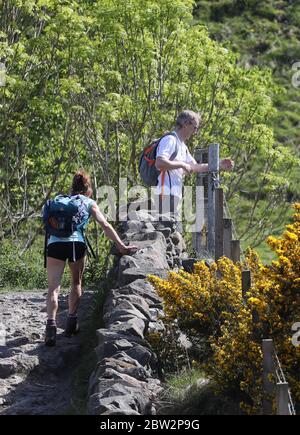 Camminatori a Dumyat vicino Stirling , come la gente può incontrare la famiglia e gli amici all'aperto e giocare sport come il golf e il tennis di nuovo mentre il paese sta muovendosi nella fase uno del governo scozzese piano per gradualmente sollevare blocco. Foto Stock