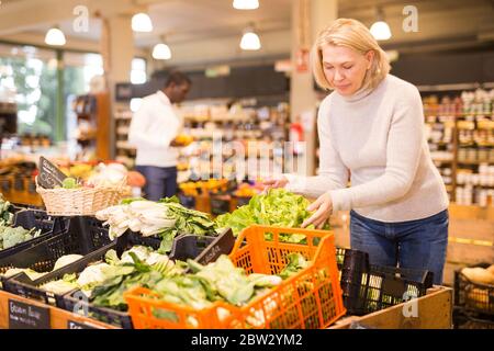 Donna di mezza età concentrata shopping in negozio di cibo biologico, scegliendo verdure fresche Foto Stock