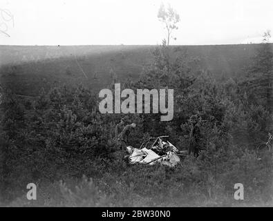 L' incidente aereo di Bossom , la moglie e il figlio di MP e il principe tedesco uccisi . Bruce Bossom , figlio di sua madre Alfred Bossom , e il principe otto von Erbach Furstenau di Germania furono uccisi in un aereo pilotato dal signor Bossom , quando si schiantò dopo aver rotto a pezzi in aria, vicino a Churt Surrey . Pezzi della macchina erano sparsi a miglia di distanza . Un'ala della macchina con il serbatoio della benzina ancora attaccato che cadde a un miglio dal relitto della fusoliera . 28 luglio 1932 Foto Stock