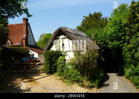 Pittoresco cottage storico in legno con tetto di paglia incorniciato tipico del Kentish Weald, Bullingstone, vicino a Speldhurst, Kent, Inghilterra Foto Stock