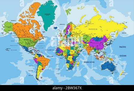 Mappa politica del mondo colorata con livelli chiaramente etichettati e separati. Illustrazione vettoriale. Illustrazione Vettoriale