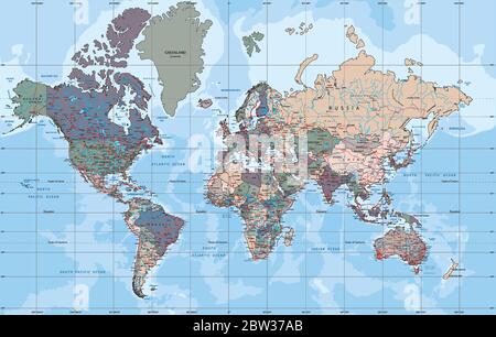 Mappa del mondo politico nella proiezione di Mercatore. Illustrazione Vettoriale