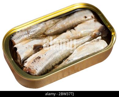Lattina aperta di sardine conserva in olio. Isolato su sfondo bianco Foto Stock