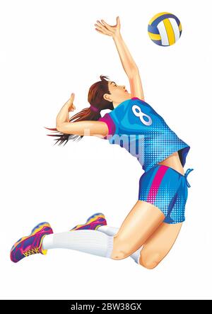 Giocatore professionista di pallavolo femminile Salta isolato su Illustrazione dettagliata bianca. Tema di Team Sports. Foto Stock