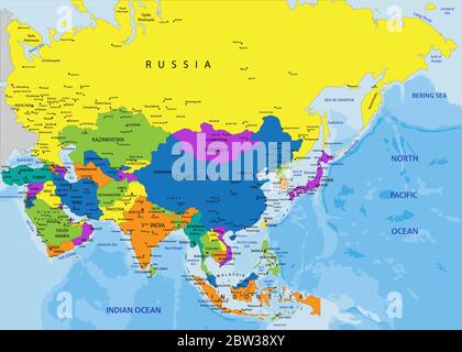 Mappa politica asiatica colorata con livelli chiaramente etichettati e separati. Illustrazione vettoriale. Illustrazione Vettoriale