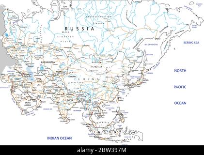 Mappa stradale in Asia con etichettatura. Illustrazione Vettoriale