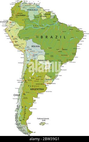 Mappa politica modificabile con livelli separati e molto dettagliata. America del Sud. Illustrazione Vettoriale