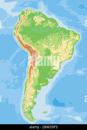 Mappa fisica del Sud America dettagliata. Illustrazione Vettoriale