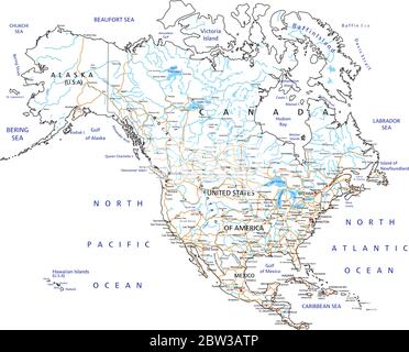 Mappa stradale dettagliata del Nord America con etichettatura. Illustrazione Vettoriale