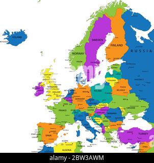 Mappa politica colorata dell'Europa con livelli chiaramente etichettati e separati. Illustrazione vettoriale. Illustrazione Vettoriale